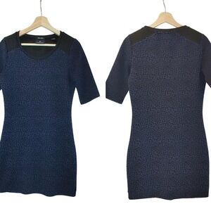 Maison Scotch Dress Size 1 Blue Black Leopard Print Bodycon Mini Elbow Sleeve